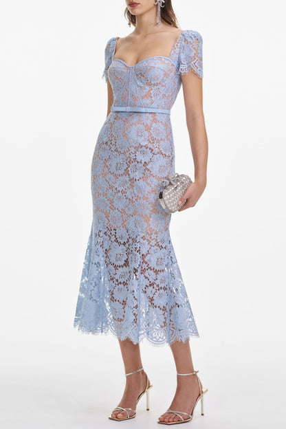 Josef Lace Bow Belted Midi Dress - Blue