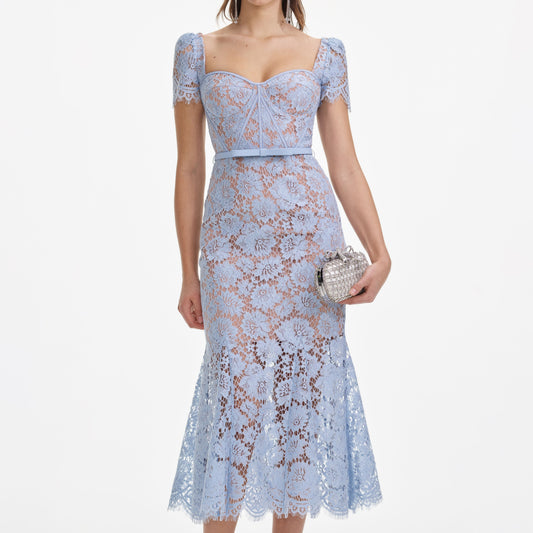 Josef Lace Bow Belted Midi Dress - Blue
