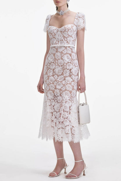 Josef Lace Bow Belted Midi Dress - White