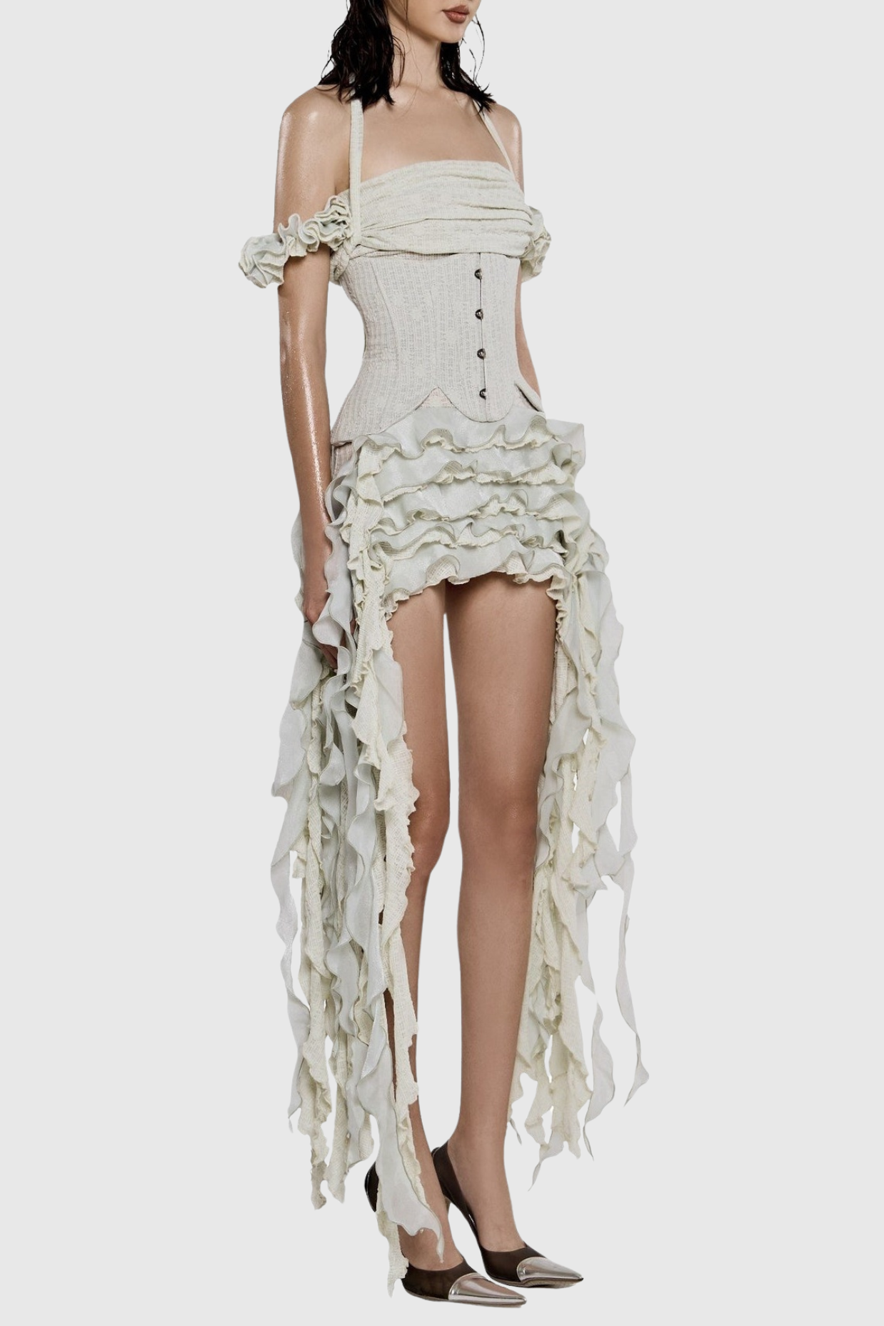 Juricn Halter Corset Ruffle Fringe Mini Dress - Beige