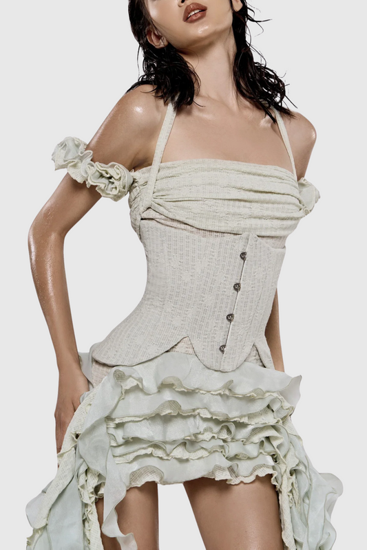 Juricn Halter Corset Ruffle Fringe Mini Dress - Beige