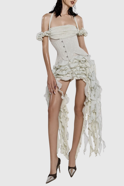 Juricn Halter Corset Ruffle Fringe Mini Dress - Beige