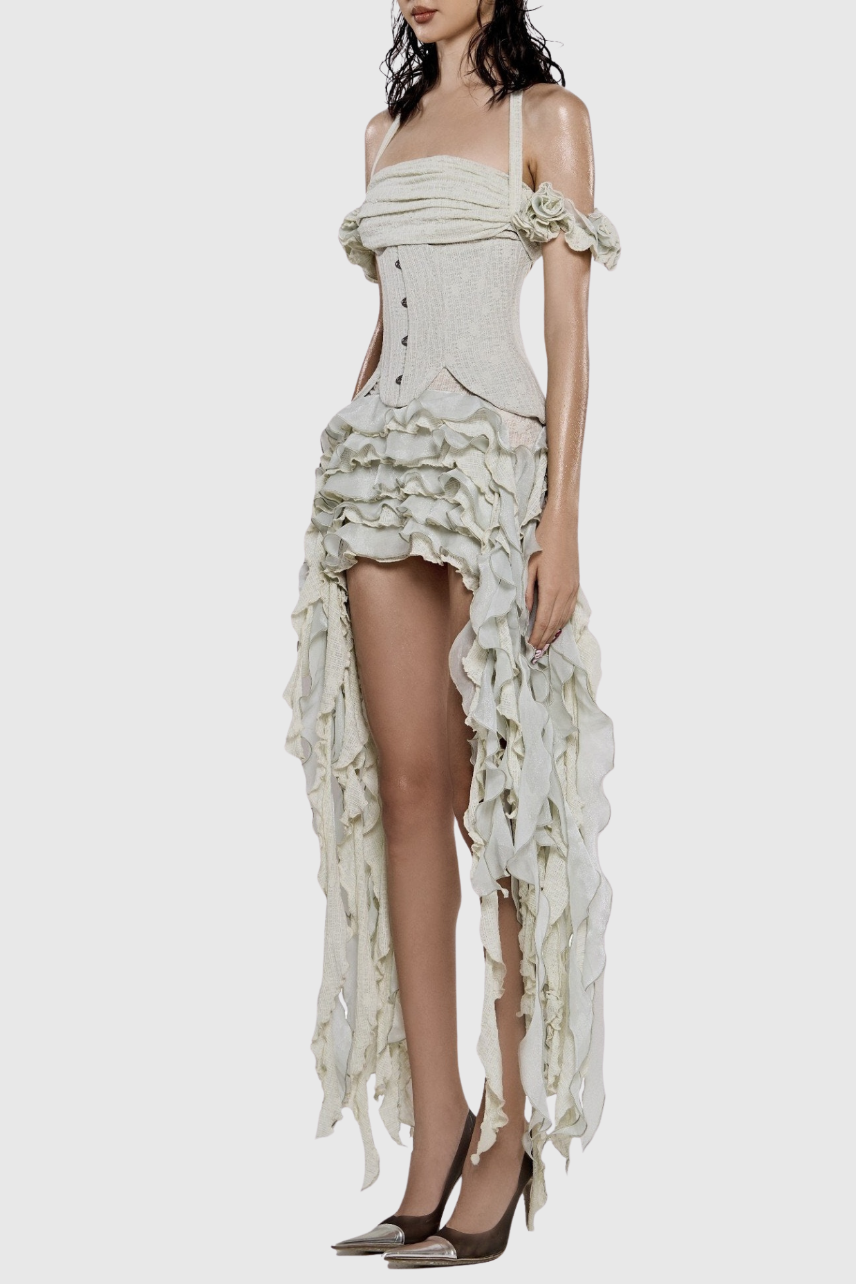 Juricn Halter Corset Ruffle Fringe Mini Dress - Beige