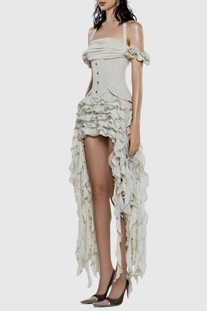 Juricn Halter Corset Ruffle Fringe Mini Dress - Beige
