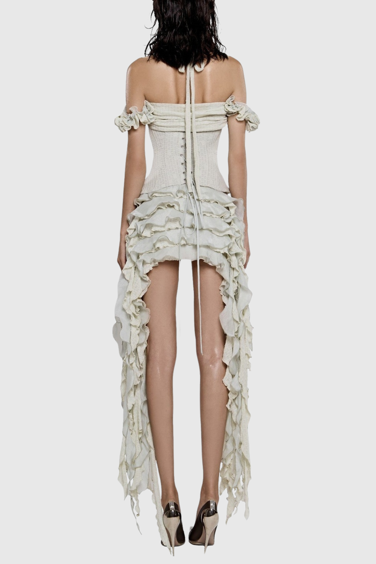 Juricn Halter Corset Ruffle Fringe Mini Dress - Beige