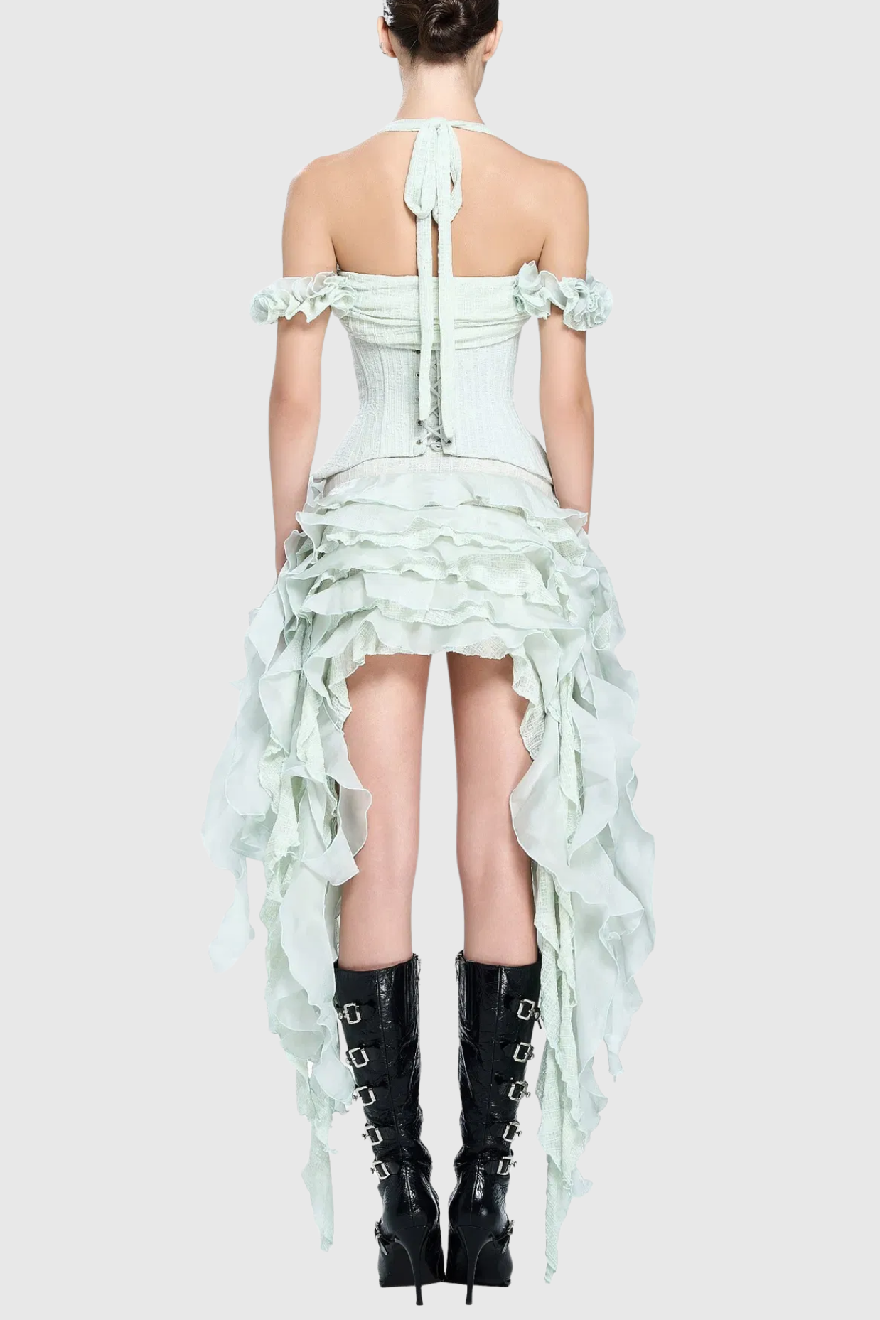 Juricn Halter Corset Ruffle Fringe Mini Dress - Green