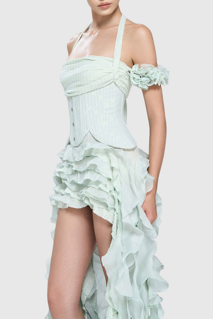 Juricn Halter Corset Ruffle Fringe Mini Dress - Green
