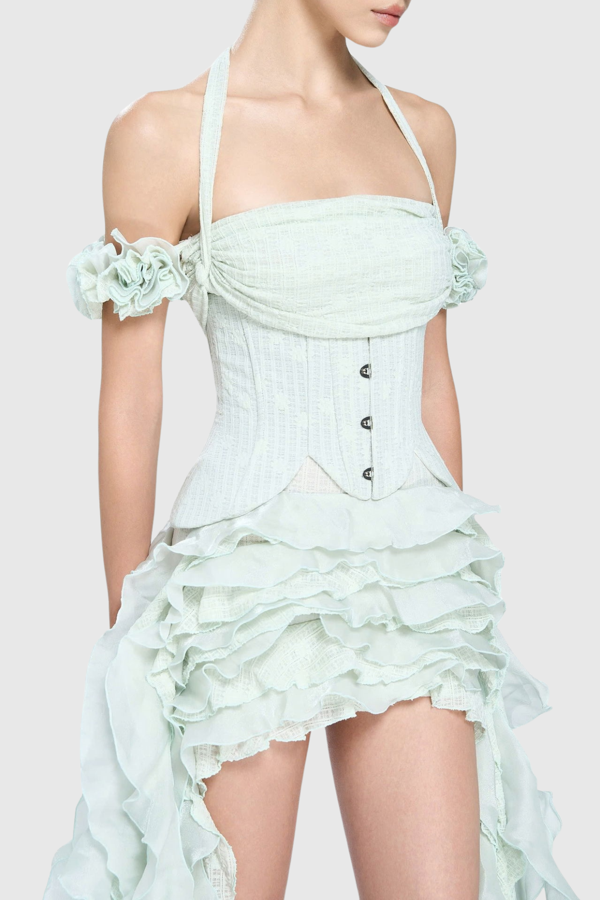 Juricn Halter Corset Ruffle Fringe Mini Dress - Green
