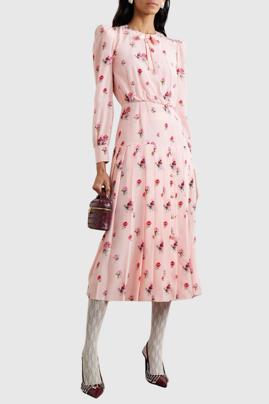 Jutalak Rose Print Pleated Midi Dress