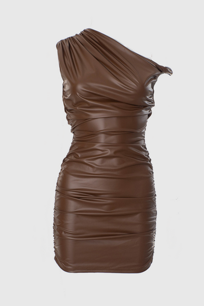 Kadwyn Ruched Asymmetric Faux Leather Mini Dress - Brown