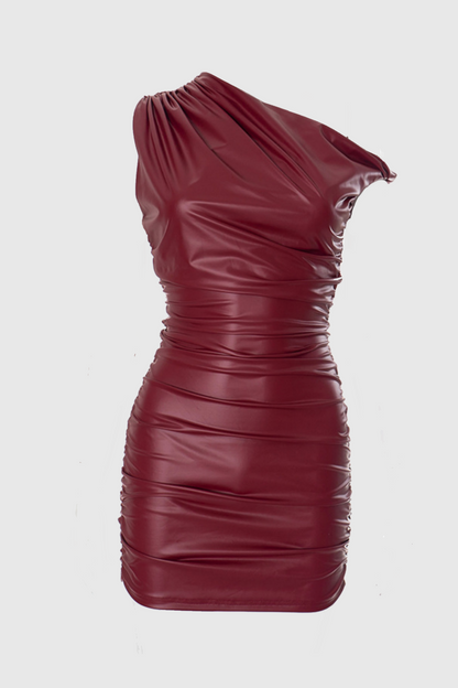 Kadwyn Ruched Asymmetric Faux Leather Mini Dress - Red