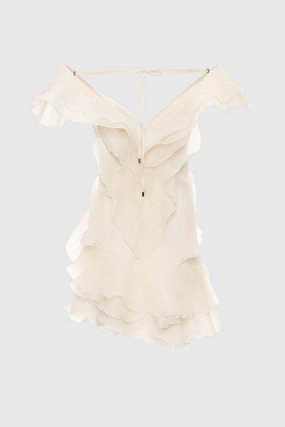 Kellan Off Shoulder Ruffle Mini Dress - Beige