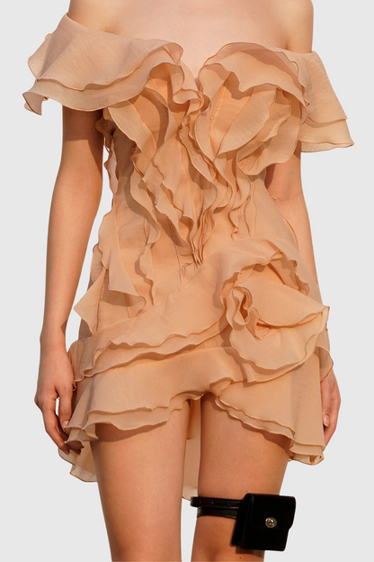 Kellan Off Shoulder Ruffle Mini Dress - Brown