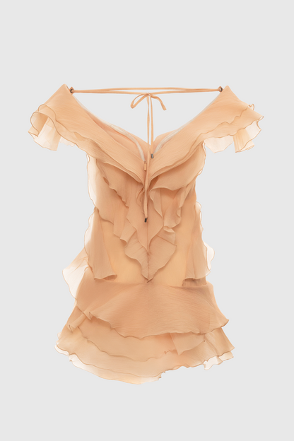 Kellan Off Shoulder Ruffle Mini Dress - Brown