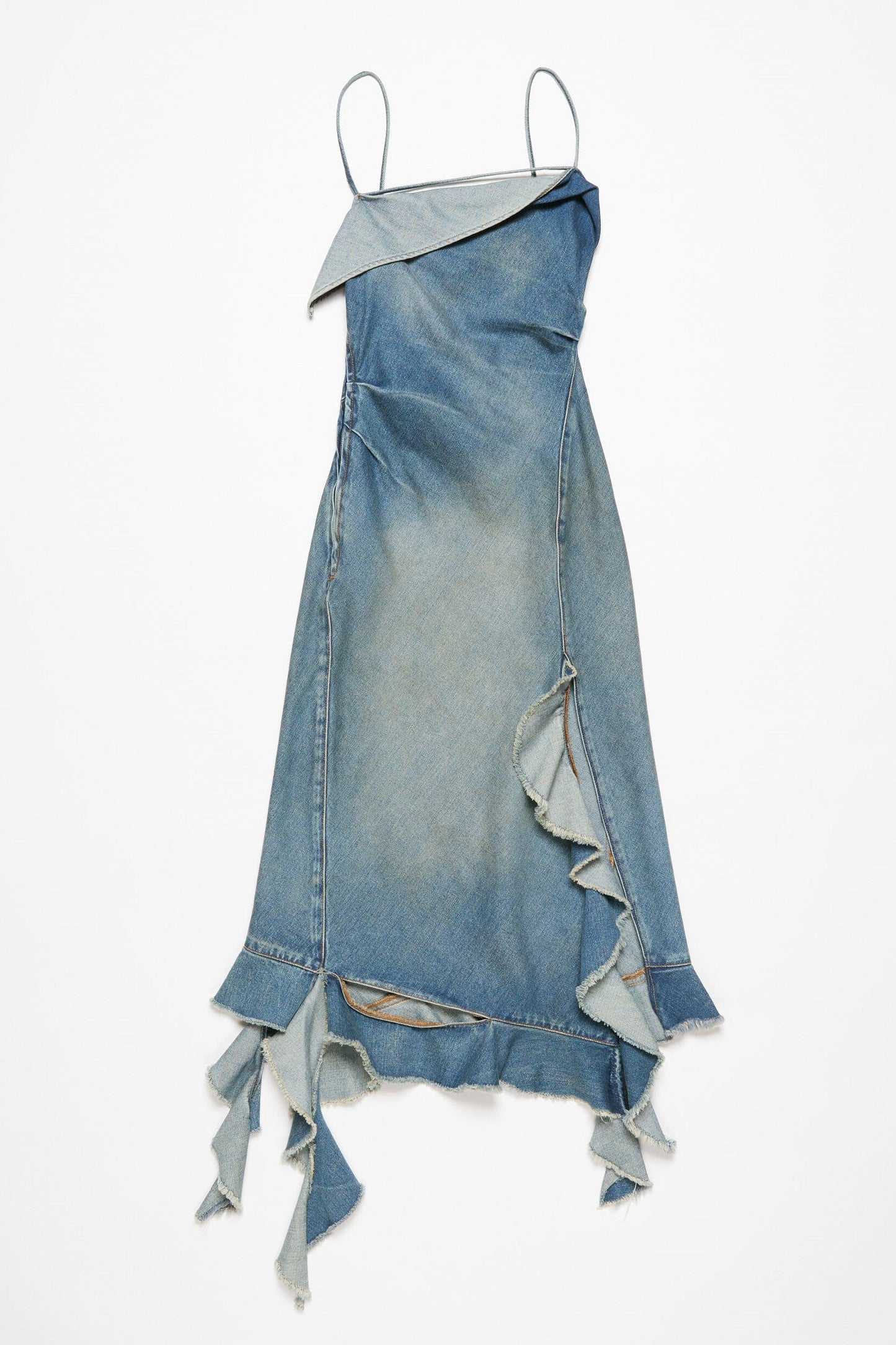 Kenzia Asymmetric Denim Ruffle Midi Dress
