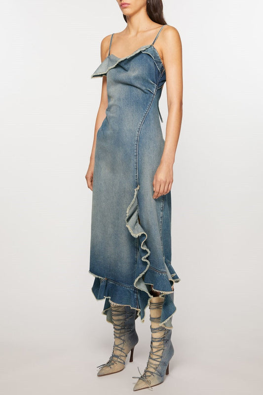 Kenzia Asymmetric Denim Ruffle Midi Dress