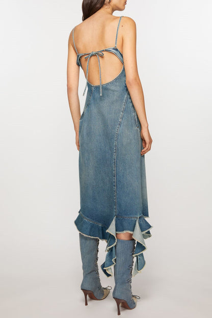 Kenzia Asymmetric Denim Ruffle Midi Dress