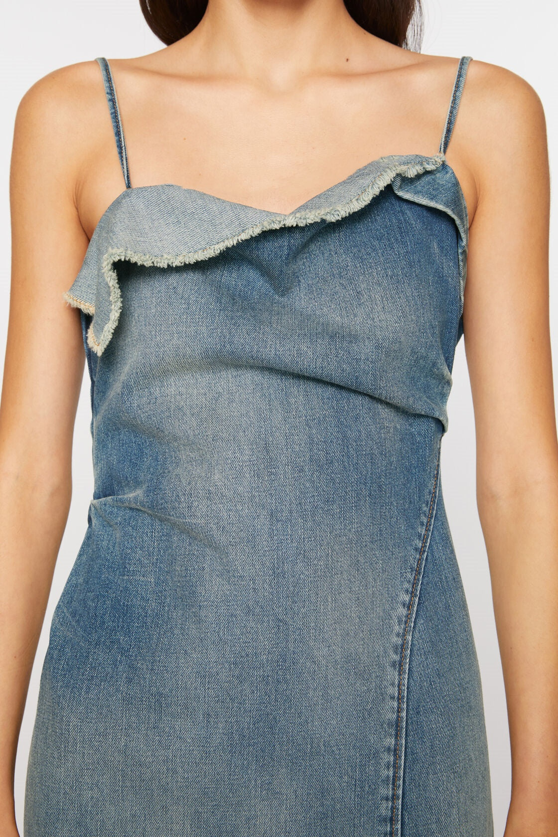Kenzia Asymmetric Denim Ruffle Midi Dress