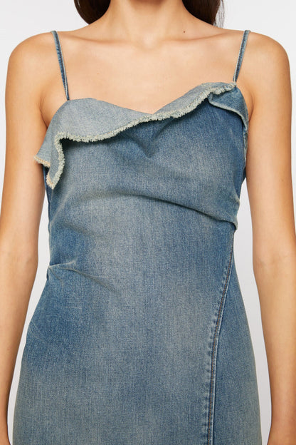 Kenzia Asymmetric Denim Ruffle Midi Dress