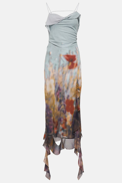 Kenzia Printed Asymmetric Ruffle Midi Dress