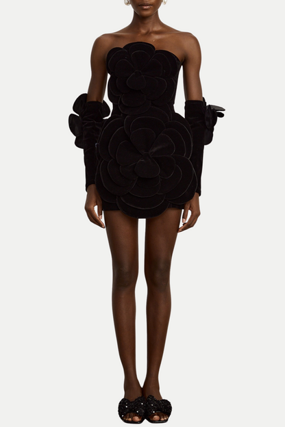 Kerio Floral Appliqué Velvet Mini Dress - Black