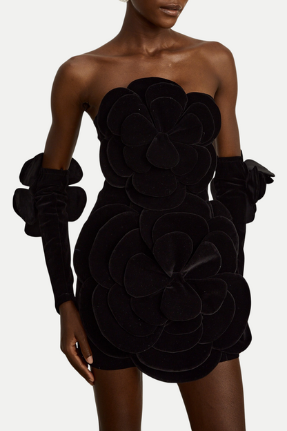 Kerio Floral Appliqué Velvet Mini Dress - Black