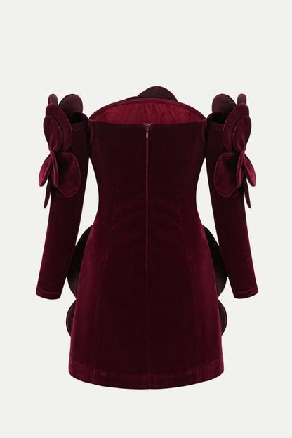 Kerio Floral Appliqué Velvet Mini Dress - Red