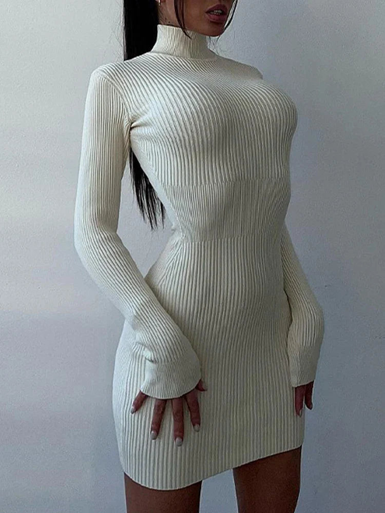 DressBetty - 2024 Knitted White Turtleneck Elegant Fashion Midi Bodycon Dress