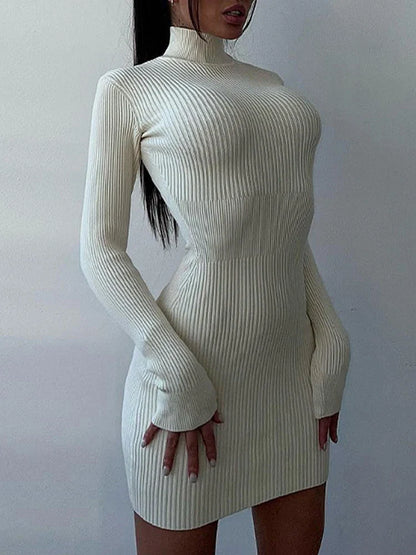 DressBetty - 2024 Knitted White Turtleneck Elegant Fashion Midi Bodycon Dress