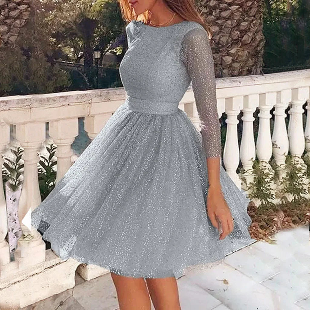 DressBetty - 2024 Korean Fashion Long Sleeve Mesh Party Midi Dress