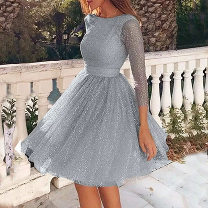 DressBetty - 2024 Korean Fashion Long Sleeve Mesh Party Midi Dress