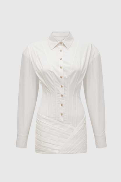 Kretska Cinched-waist Pleated Mini Shirt Dress - White