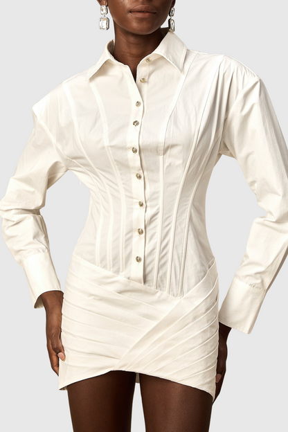 Kretska Cinched-waist Pleated Mini Shirt Dress - White