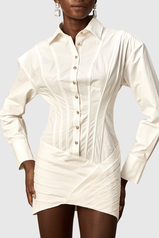 Kretska Cinched-waist Pleated Mini Shirt Dress - White
