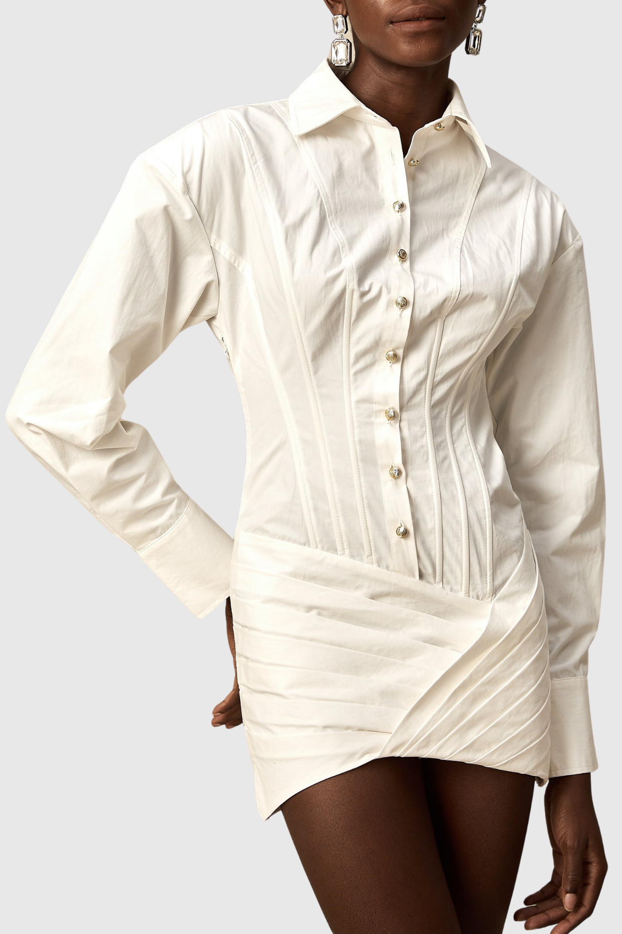 Kretska Cinched-waist Pleated Mini Shirt Dress - White
