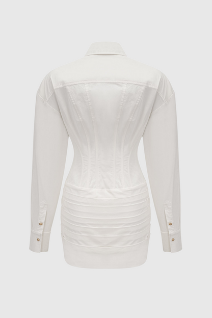 Kretska Cinched-waist Pleated Mini Shirt Dress - White