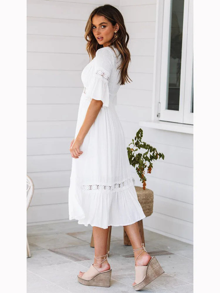 DressBetty - 2024 Sexy V Neck Lace Splice Boho Midi Dress