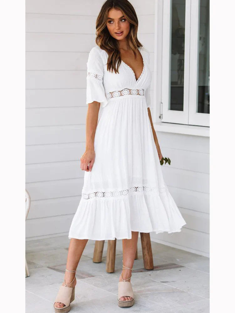 DressBetty - 2024 Sexy V Neck Lace Splice Boho Midi Dress
