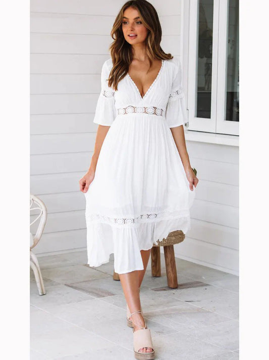 DressBetty - 2024 Sexy V Neck Lace Splice Boho Midi Dress