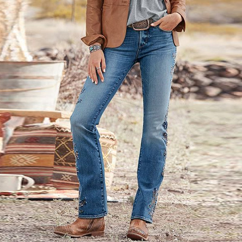 DressBetty - Ladies Jeans Retro Printed Denim Trousers Loose Straight Washed Fashion Mom Casual Thin Blue Pants 90s