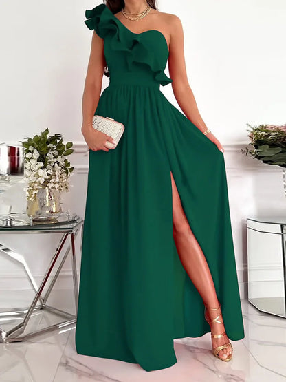 DressBetty - 2024 Off Shoulder Diagonal Collar Ruffle Hem Evening Maxi Dress