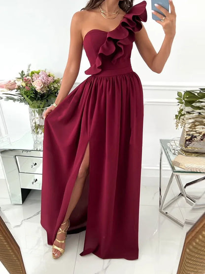 DressBetty - 2024 Off Shoulder Diagonal Collar Ruffle Hem Evening Maxi Dress