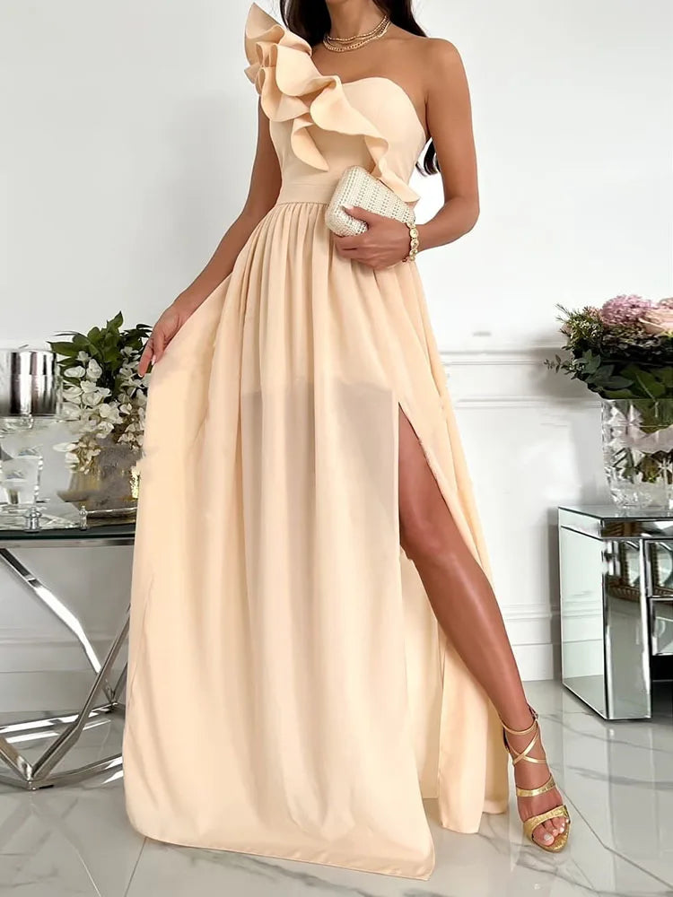 DressBetty - 2024 Off Shoulder Diagonal Collar Ruffle Hem Evening Maxi Dress