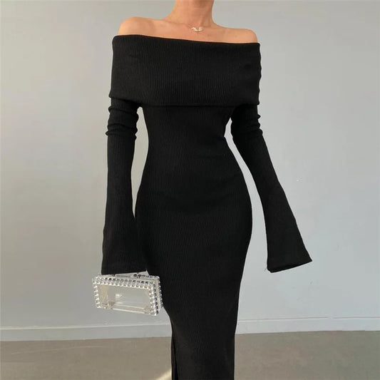 DressBetty - 2024 Off-Shoulder Lapel Neck Sexy Long Sleeve Maxi Dress