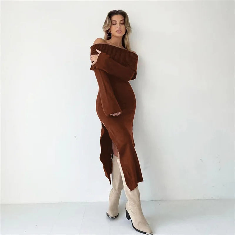 DressBetty - 2024 Off-Shoulder Lapel Neck Sexy Long Sleeve Maxi Dress