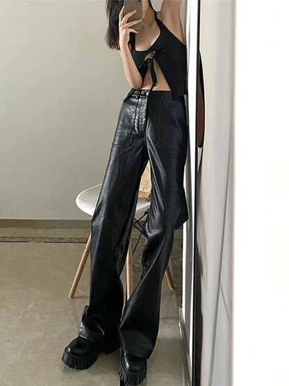 Autumn Black Crocodile Texture Leather Zipper High Waist Y2K Streetwear Pants