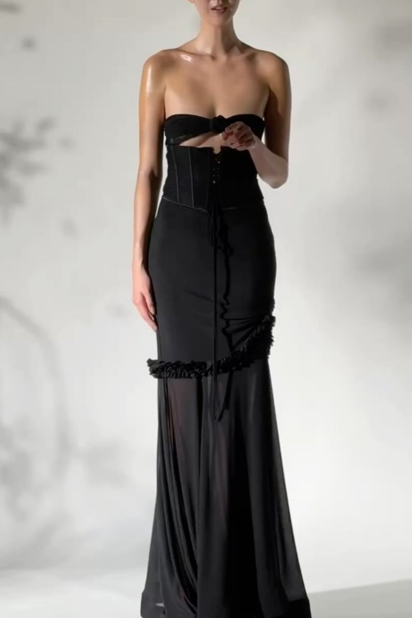 Laythan Mesh Cutout Corset Maxi Dress - Black