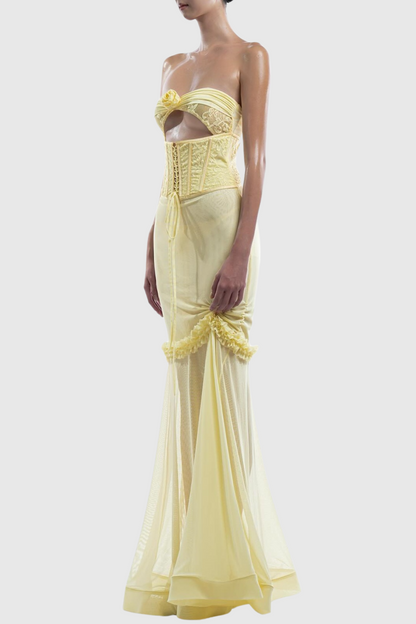 Laythan Mesh Cutout Corset Maxi Dress - Yellow