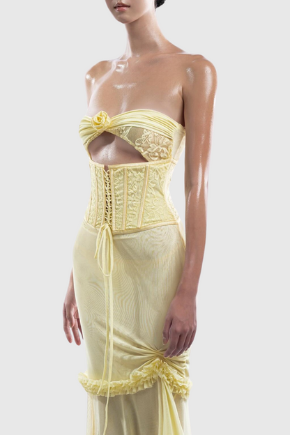 Laythan Mesh Cutout Corset Maxi Dress - Yellow