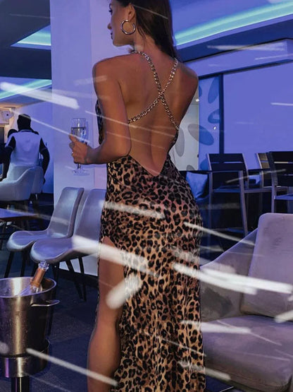 Chain Strap Leopard Slit Midi Dress